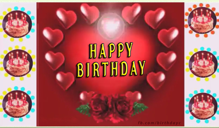 Birthday greeting message with red heart.